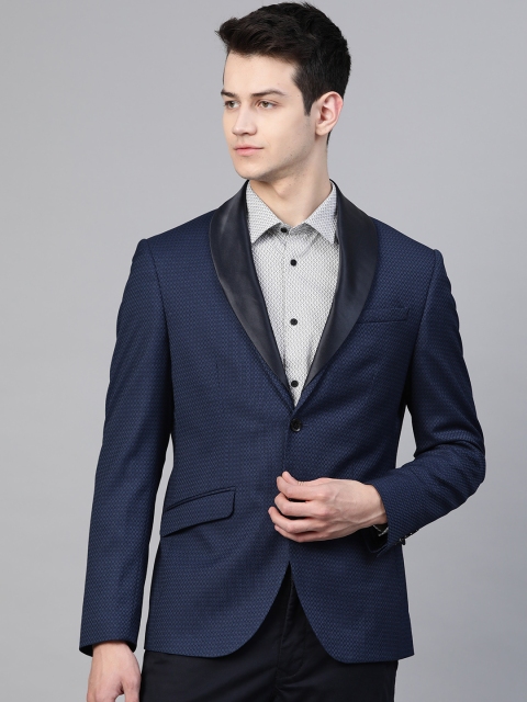 

Blackberrys Men Navy Blue Geometric Self Design Slim Fit Single-Breasted Blazer