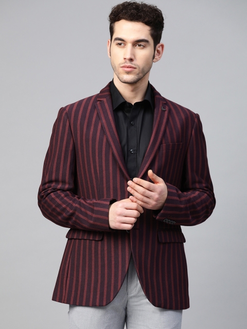 

Blackberrys Men Maroon & Navy Blue Striped Single-Breasted Slim Fit Smart Casual Blazer