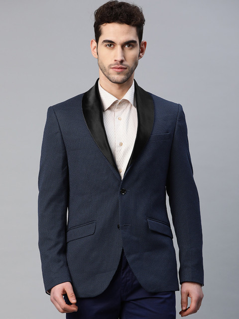 

Blackberrys Men Navy Blue & Black Slim Fit Self-Design Single-Breasted Formal Blazer