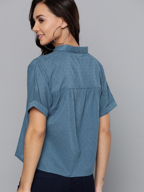 

Mast & Harbour Women Teal Blue Boxy Self Design Dobby Casual Shirt