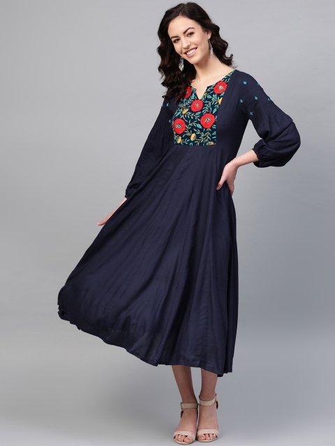 

PINKSKY Women Navy Blue & Red Embroidered Detail A-Line Dress