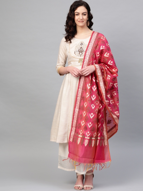

PINKSKY Pink & Beige Ikat Woven Design Dupatta
