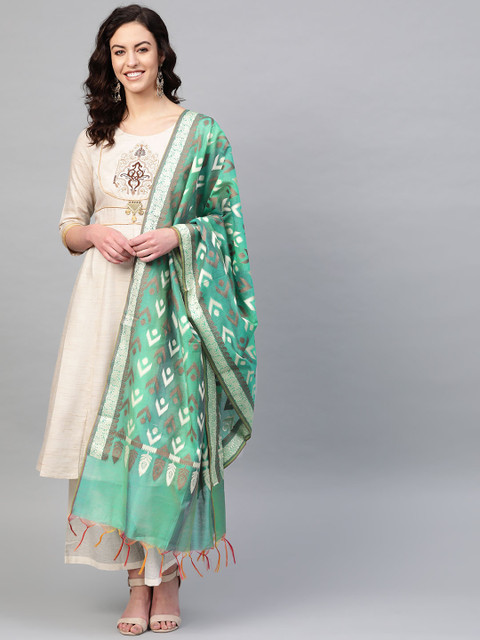 

PINKSKY Green & Off-White Ikat Woven Design Dupatta