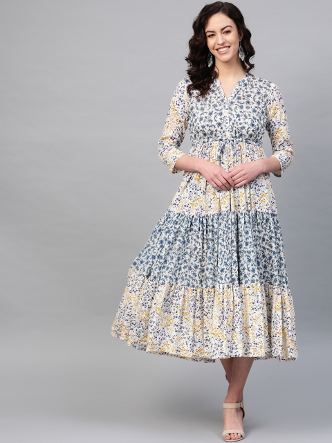 

PINKSKY Women White & Blue Printed Empire Dress