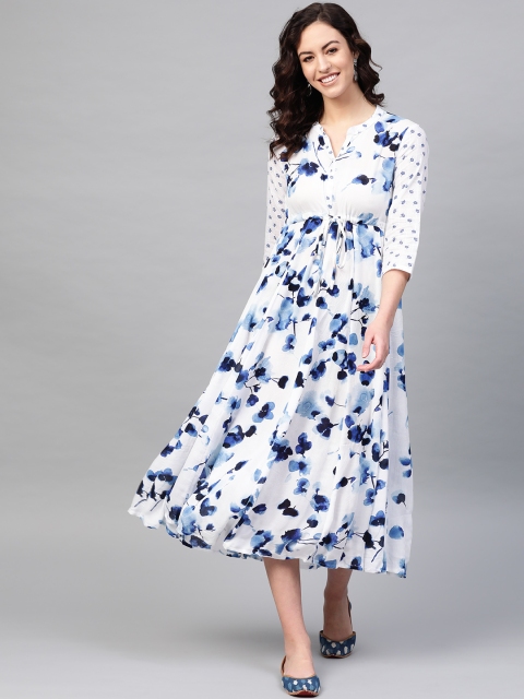 

PINKSKY Women White & Blue Printed Empire Dress