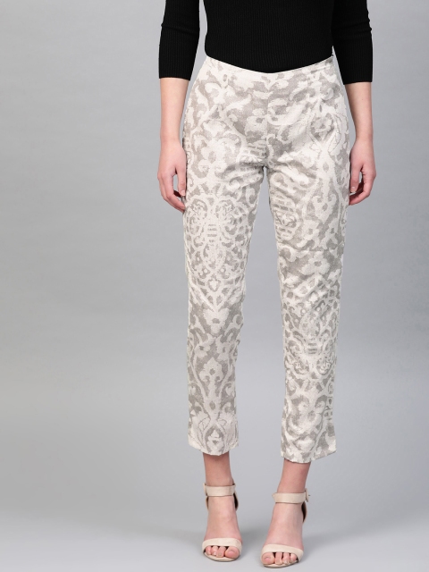 

PINKSKY Women Off-White & Grey Smart Slim Fit Printed Cropped Cigarette Trousers