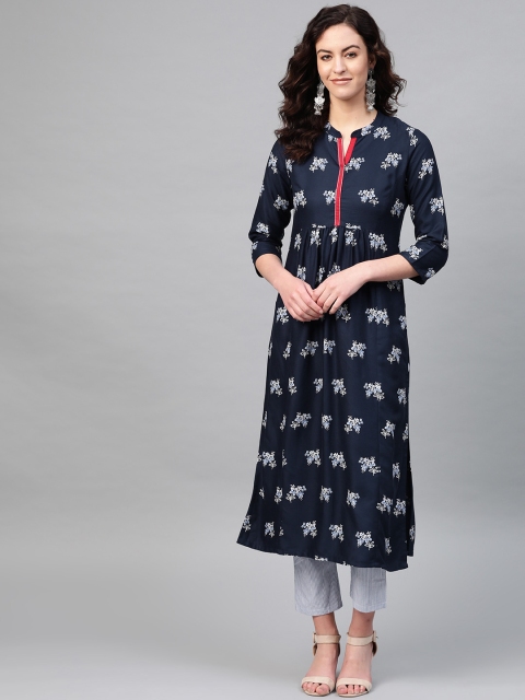 

PINKSKY Women Navy Blue & White Printed Kurta with Trousers
