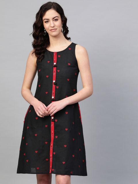 

PINKSKY Women Black & Red Self Design A-Line Dress