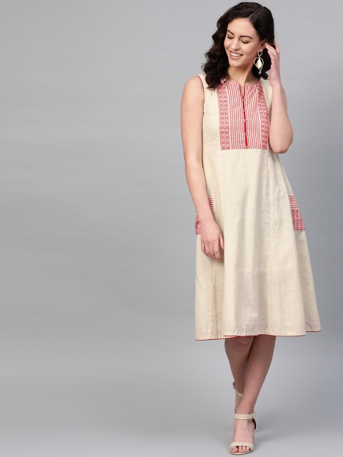 

PINKSKY Women Beige & Red Self Design A-Line Dress