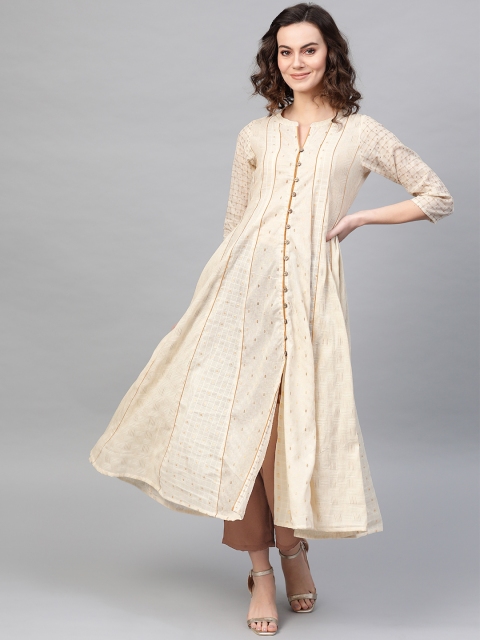

PINKSKY Women Cream-Coloured & Brown Self Design Kurta with Trousers