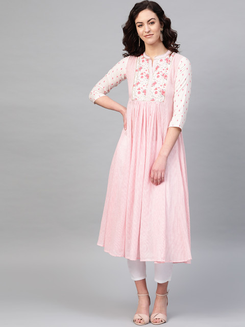 

PINKSKY Women Pink & Off-White Striped Kurta with Trousers