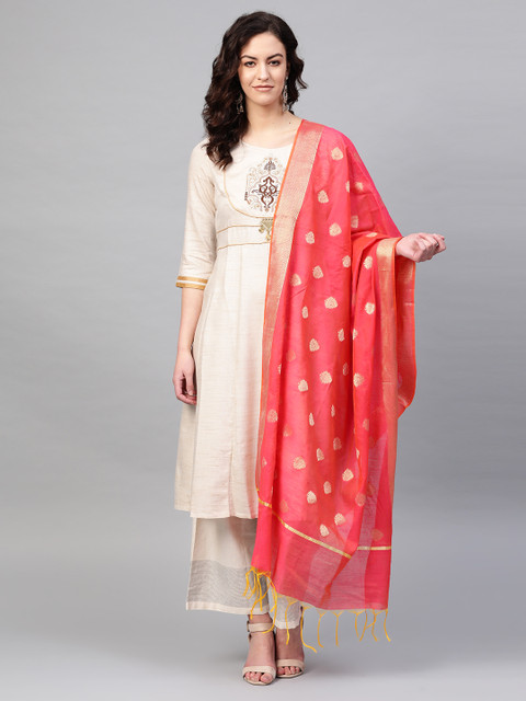 

PINKSKY Peach-Coloured & Golden Woven Design Dupatta