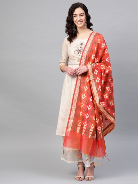 

PINKSKY Orange & Beige Ikat Woven Design Dupatta