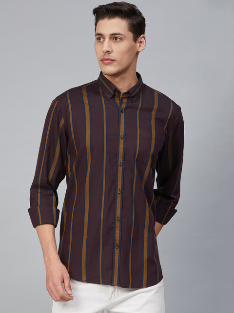 

Blackberrys Men Burgundy & Mustard Yellow Slim Fit Striped Casual Shirt