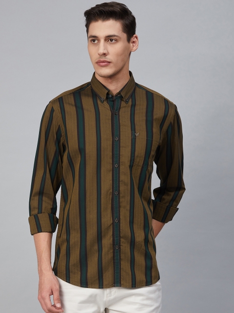 

Blackberrys Men Khaki & Green Slim Fit Striped Casual Shirt