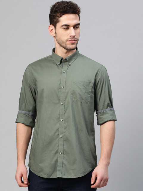 

Blackberrys Men Olive Green Slim Fit Solid Stretchable Pure Cotton Casual Shirt