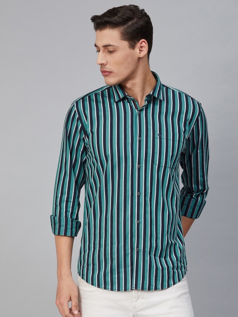 

Blackberrys Men Sea Green & Navy Blue Slim Fit Striped Casual Shirt