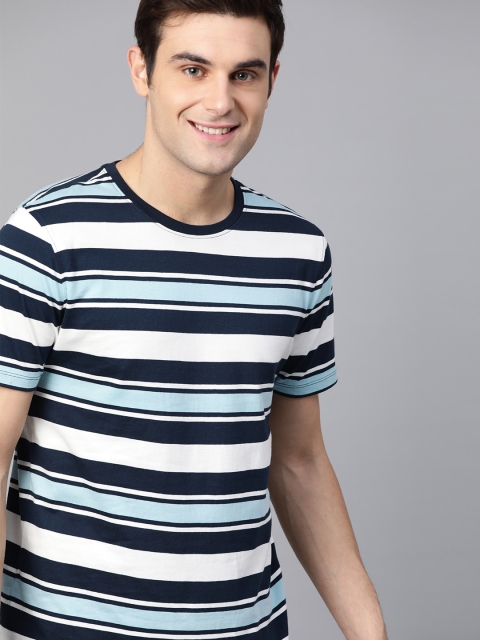 

Mast & Harbour Men White & Blue Yarn Dyed Striped Round Neck T-shirt