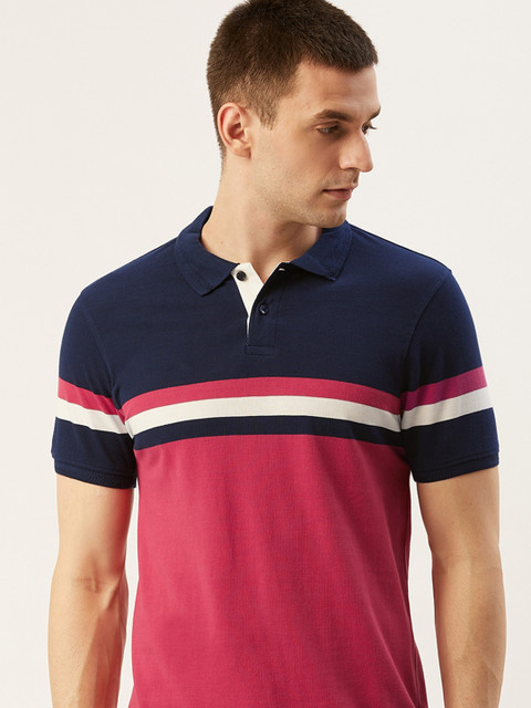 

Mast & Harbour Men Pink & Navy Blue Colourblocked Polo Collar T-shirt