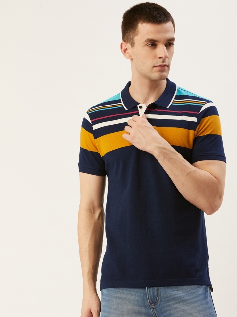 

Mast & Harbour Men Navy Blue & Mustard Yellow Striped Polo Collar T-shirt