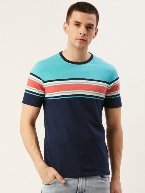 

Mast & Harbour Men Blue & Pink Striped Round Neck T-shirt