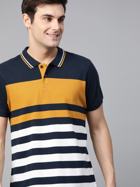 

Mast & Harbour Men Navy Blue & Mustard Yellow Striped Polo Collar T-shirt