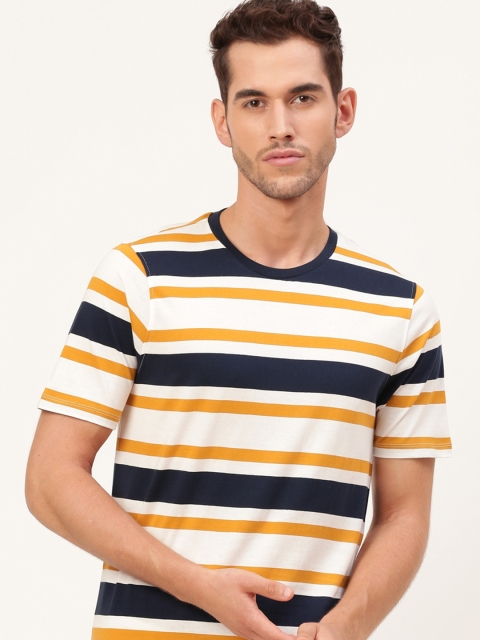 

Mast & Harbour Men Off-White and Navy Blue Striped Round Neck T-shirt