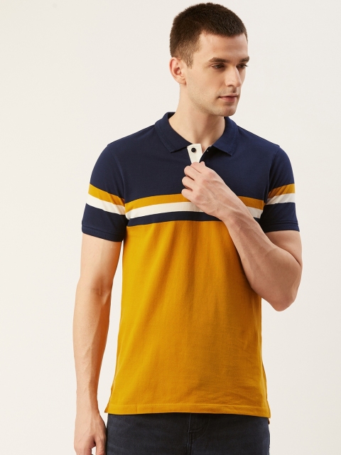 

Mast & Harbour Men Mustard Yellow & Navy Blue Striped Polo Collar T-shirt