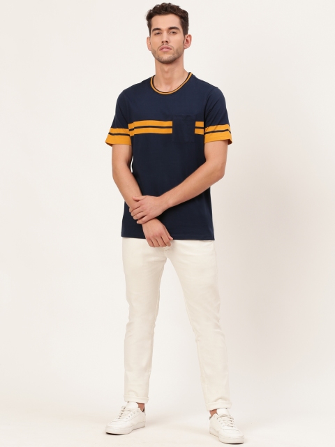 

Mast & Harbour Men Navy Blue and Mustard Yellow Stripped Detail Round Neck T-shirt