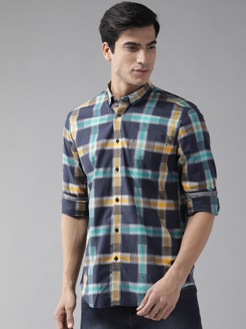 

Blackberrys Men Blue & Mustard Yellow Slim Fit Checked Casual Shirt