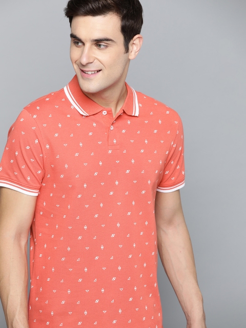 

Mast & Harbour Men Coral Pink & White Printed Polo Collar T-shirt
