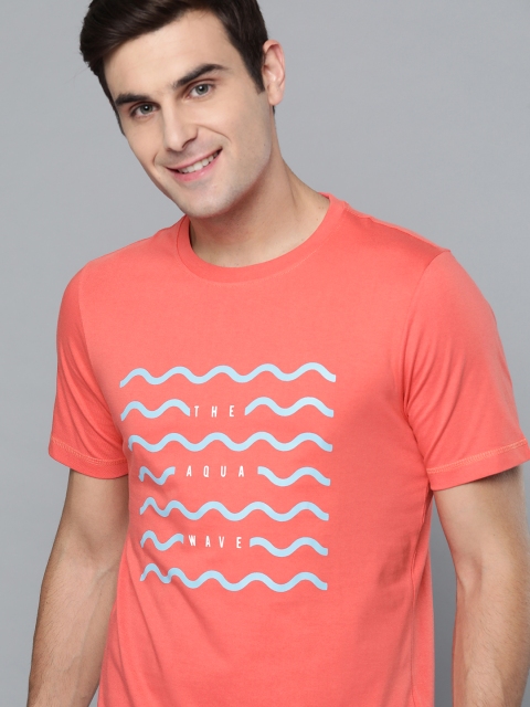 

Mast & Harbour Men Coral Pink & Blue Printed Round Neck T-shirt