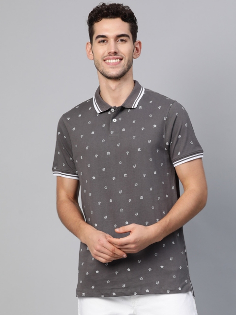 

Mast & Harbour Men Charcoal Grey & White Ditsy Print Polo Collar T-shirt
