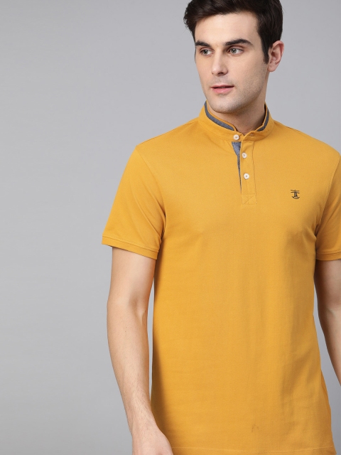 

Mast & Harbour Men Mustard Yellow Solid Mandarin Collar T-shirt