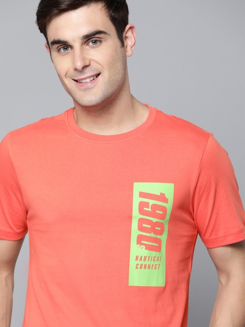 

Mast & Harbour Men Coral Pink & Green Printed Round Neck T-shirt