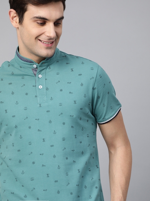 

Mast & Harbour Men Teal Blue & Black Printed Mandarin Collar T-shirt