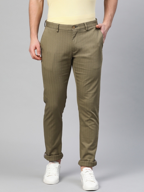 

Blackberrys Men Olive Green Skinny Fit Self-Striped Regular Trousers