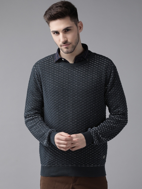 

Blackberrys Men Navy Blue Woven Design Pullover Sweater