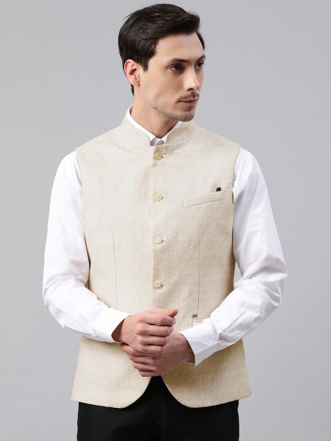

Blackberrys Men Off-White & Beige Slim Fit Printed Smart Casual Nehru Jacket