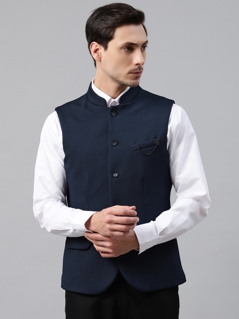 

Blackberrys Men Navy Blue Solid Slim Fit Smart Casual Nehru Jacket with Brooch