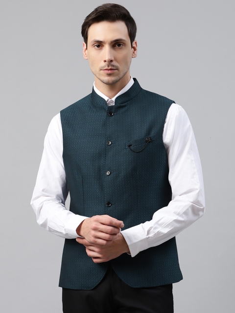 

Blackberrys Men Teal Green Woven Design Slim Fit Smart Casual Nehru Jacket with Brooch