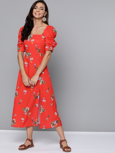 

Mast & Harbour Women Coral Red & Green Floral Printed A-Line Dress
