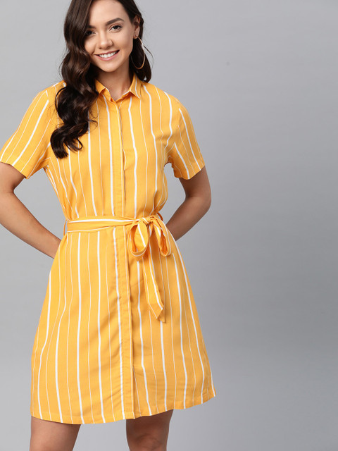 

Mast & Harbour Women Yellow & White Striped Shirt Sustainable Dress