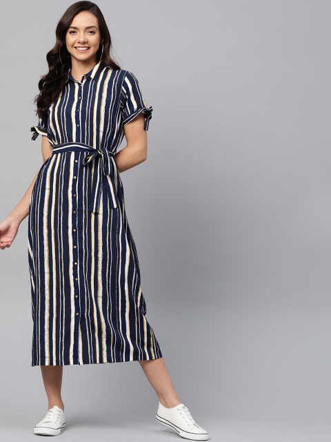 

Mast & Harbour Women Navy Blue & White Striped Shirt Dress