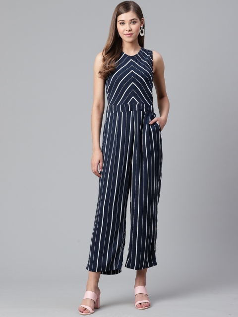 

Mast & Harbour Women Navy Blue & White Striped Basic Sustainable Jumpsuit