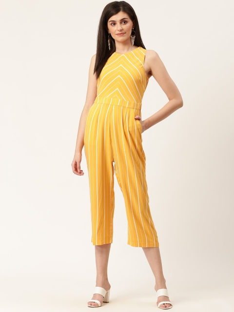 

Mast & Harbour Women Mustard Yellow & White Striped 3/4th Basic Sustainable ECOVERO Jumpsuit