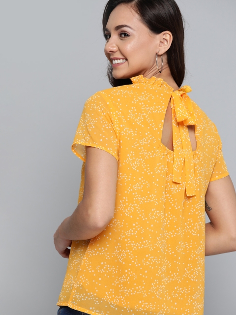 

Mast & Harbour Women Mustard Yellow & White Printed Styled Back Top