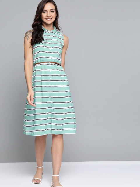 

Mast & Harbour Women Green & White Striped Shirt Dress