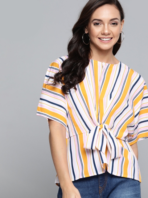 

Mast & Harbour Women White & Mustard Yellow Striped A-Line Top