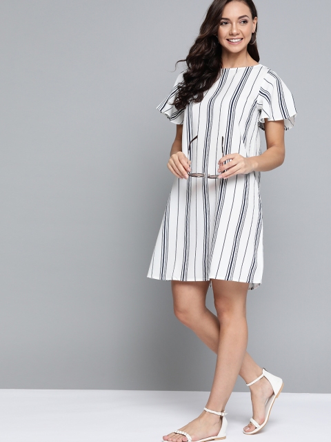 

Mast & Harbour Women White & Navy Blue Striped Shift Dress